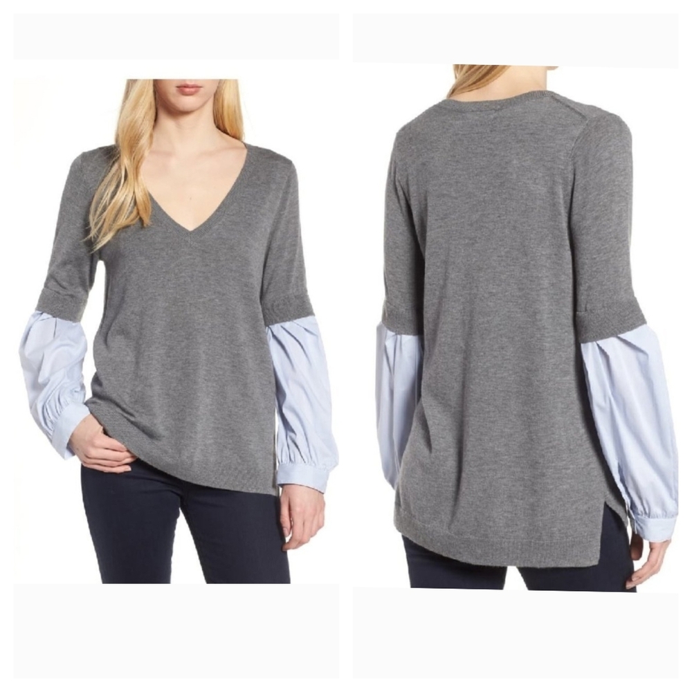 Trouve V-Neck Sweater with Striped Sleeves